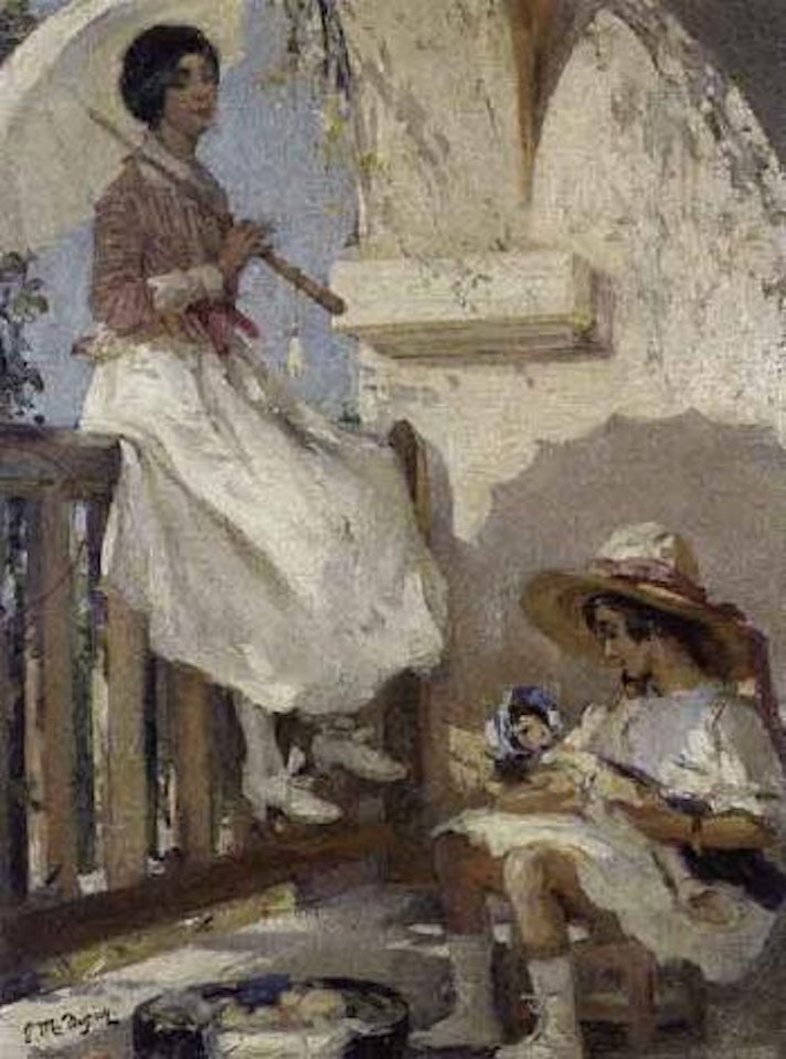 Jeune femme a l'ombrelle et son enfant by French School