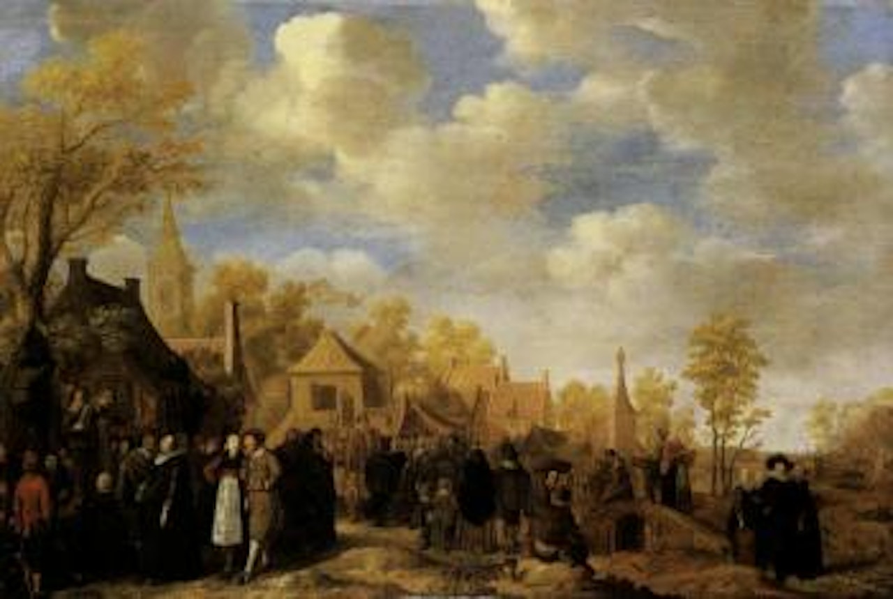 Village landscape with crowds gathering around quack doctors by Jan Miense Molenaer