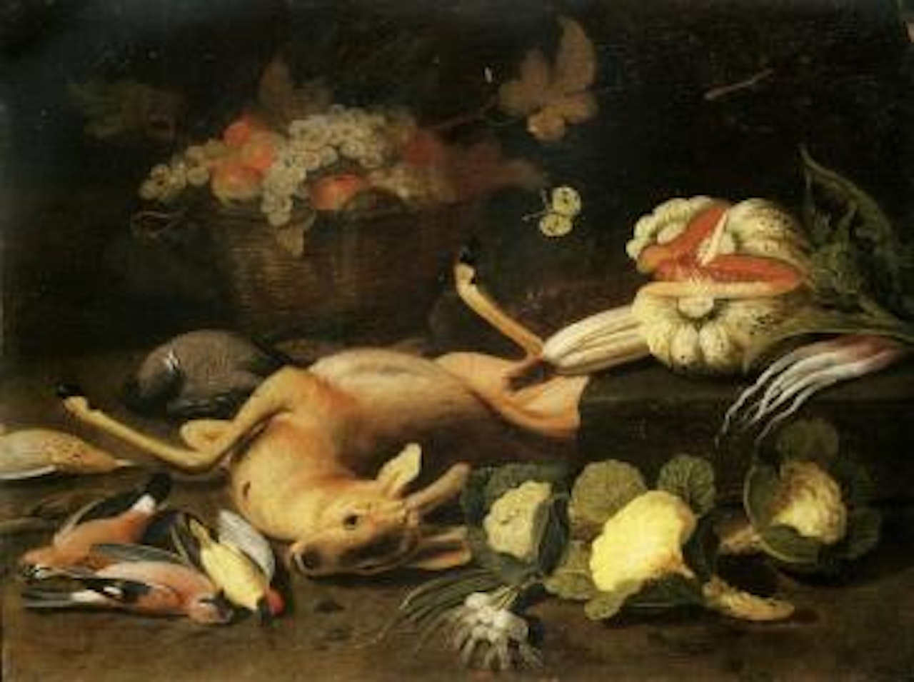Still life with fawn, pigeon, jays and fruit by Jan Van Kessel The Elder