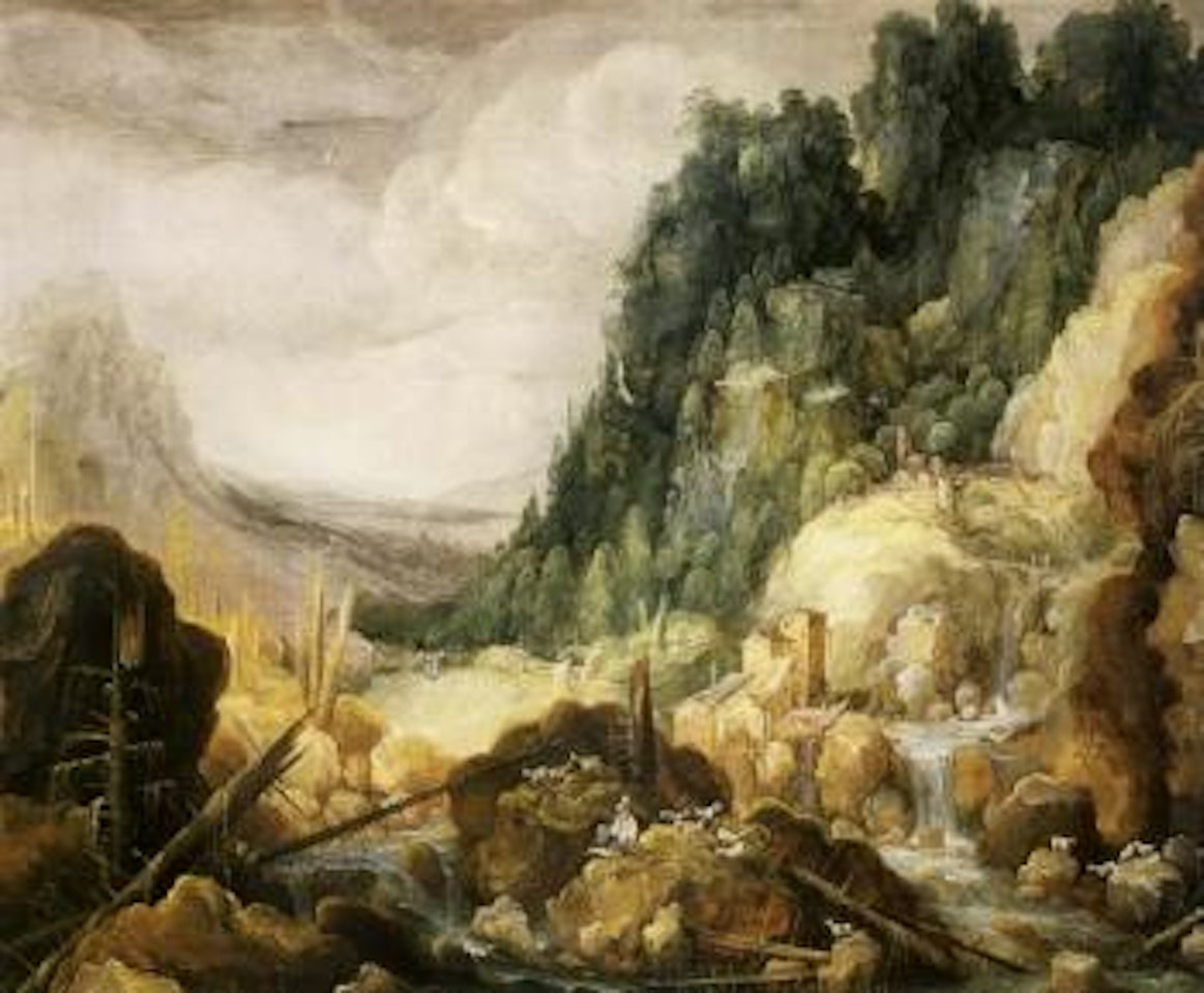 Mountainous river landscape with goatherder by Tobias Verhaecht