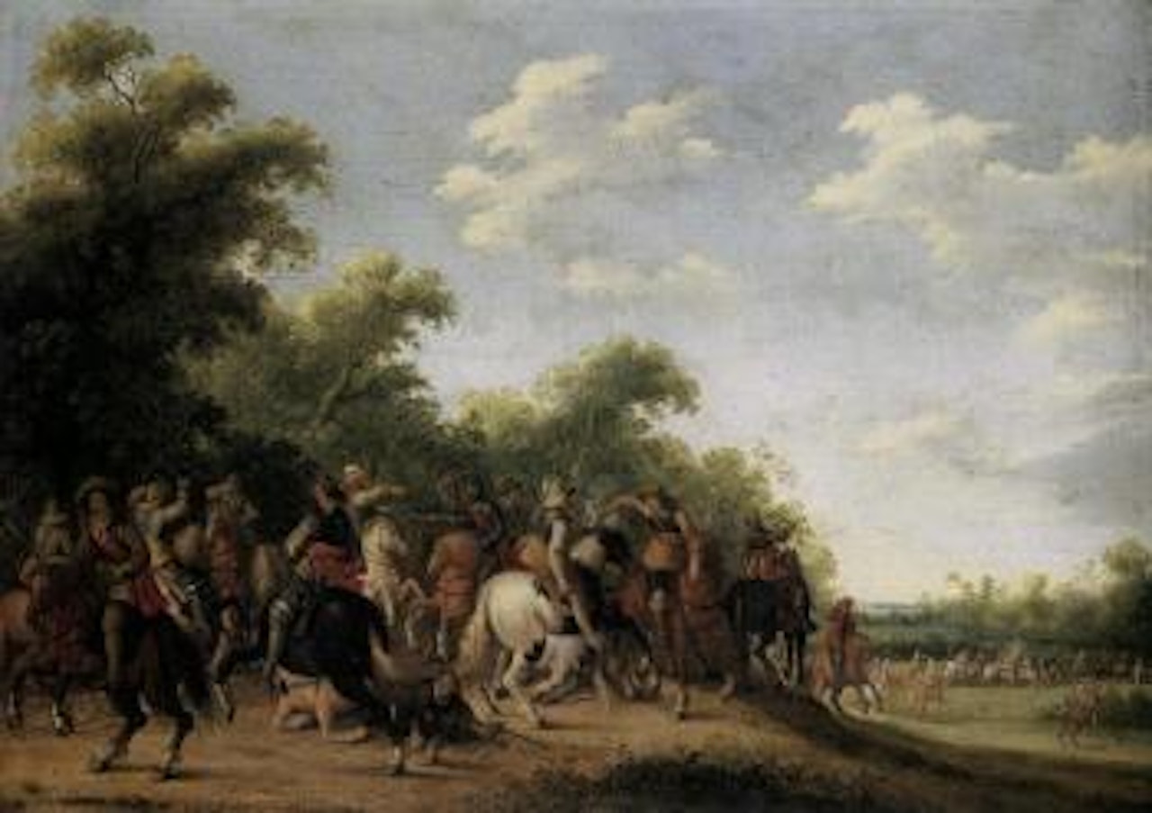 Wooded landscape with skirmish by Joost Cornelisz Droochsloot