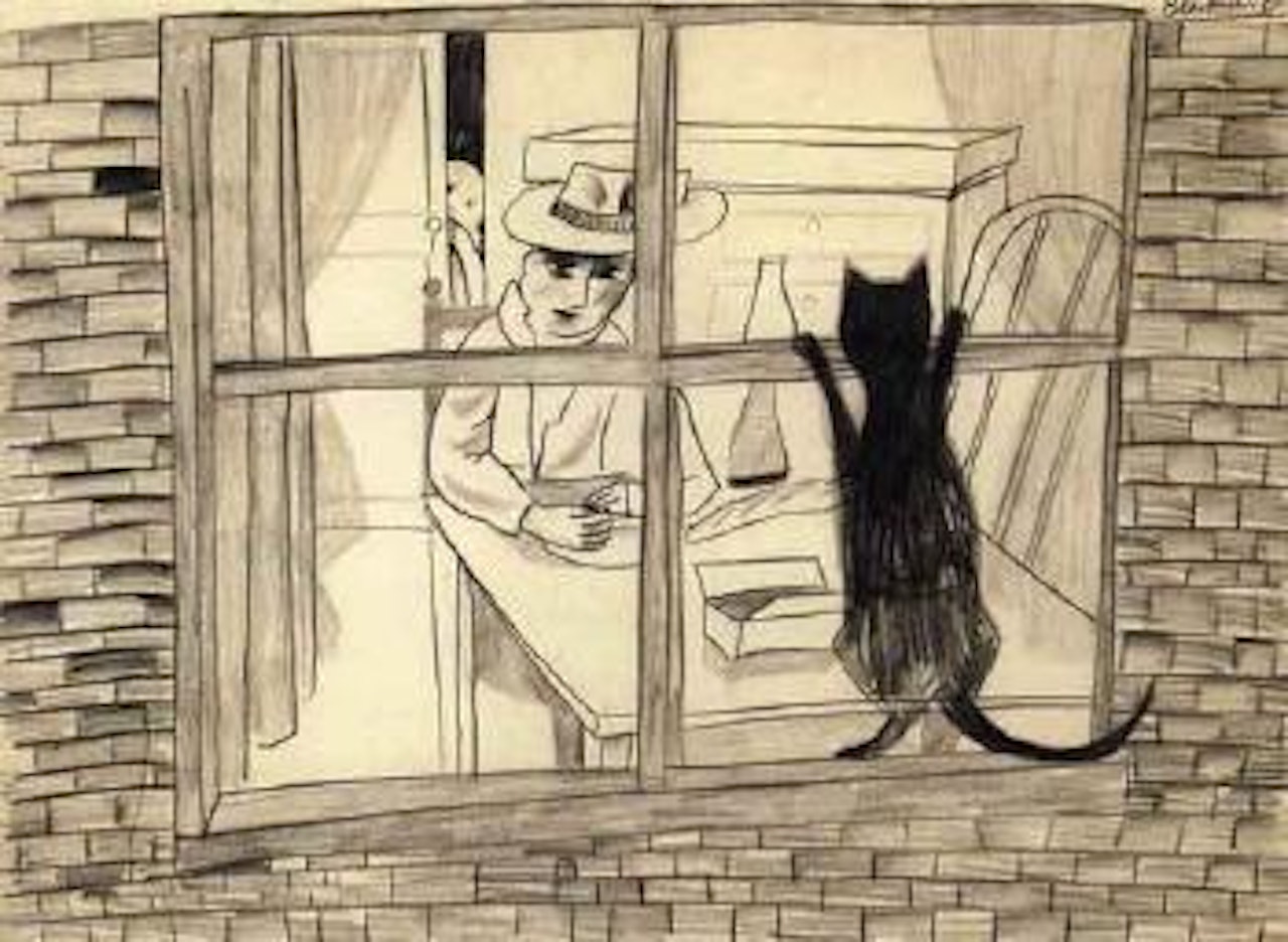 Black cat at the window by Charles Blackman