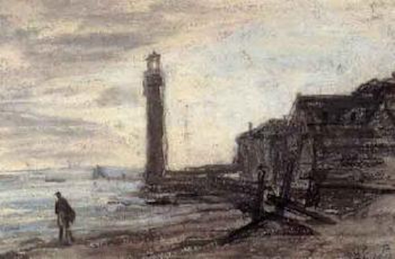 Silhouette aux abords d'un phare pres du rivage by Eugène Boudin