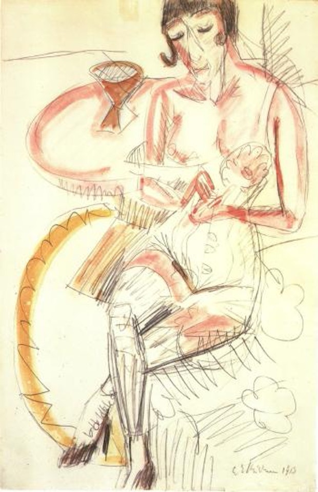 Seated woman in a blue corsett by Ernst Ludwig Kirchner