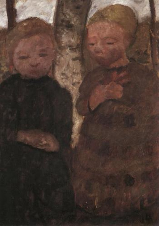 Two girls before the stem of a birch tree by Paula Modersohn-Becker