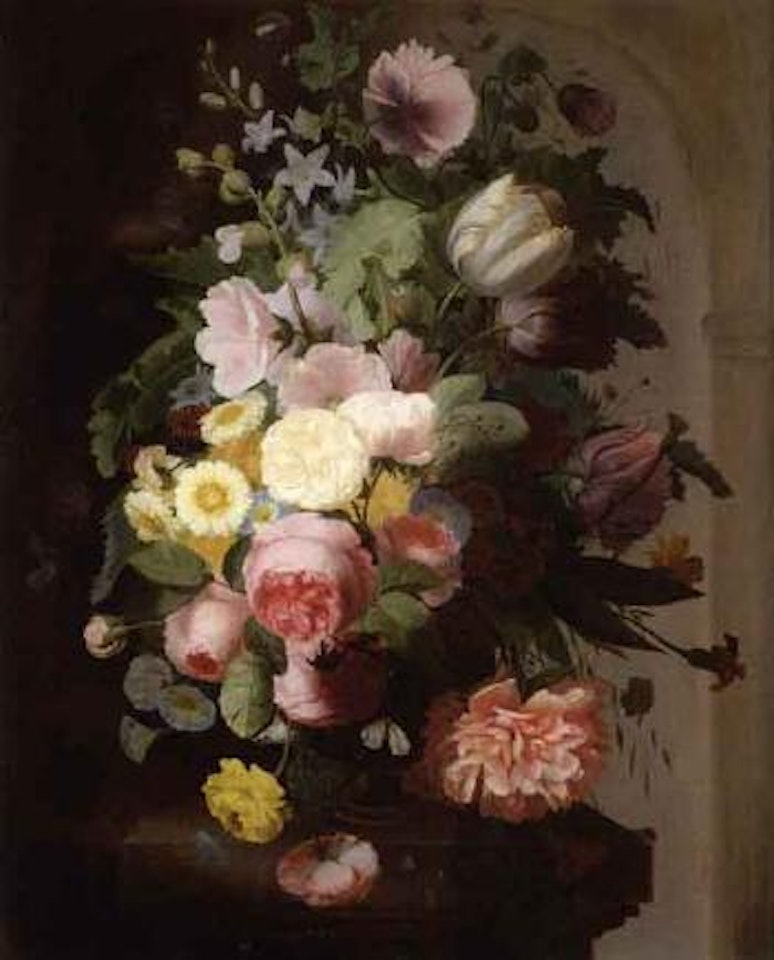 Still life with roses, daisies and other flowers in a vase on a stone pedestal by French School