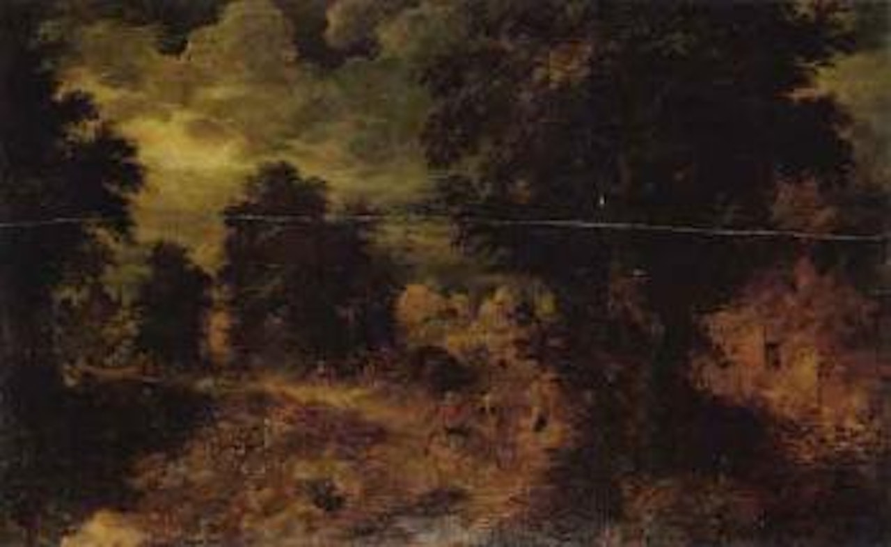 Woodland landscape with figures and waggons on the outskirts of a village by Abraham Govaerts
