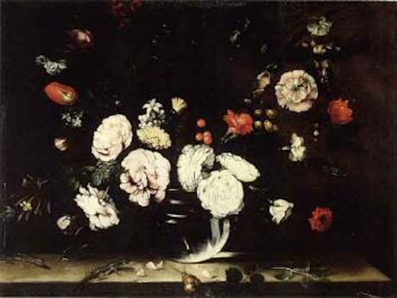 Still life of roses and carnations and other flowers, in a glass vase resting on a stone ledge by Roman School