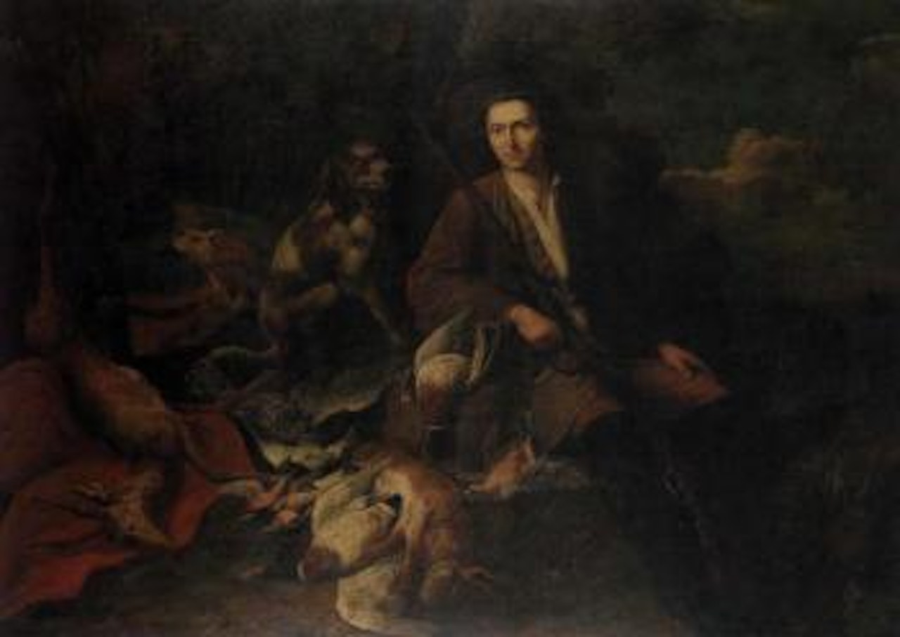 Huntsman seated, holding a rifle and his two spaniels by his side by Flemish School