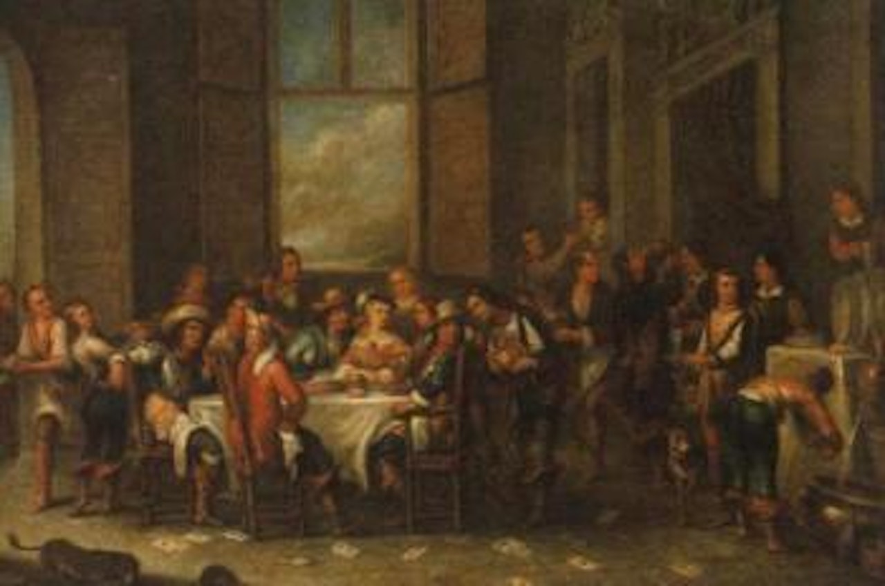 Soldiers with mixed company at a banquet by Cornelis de Wael