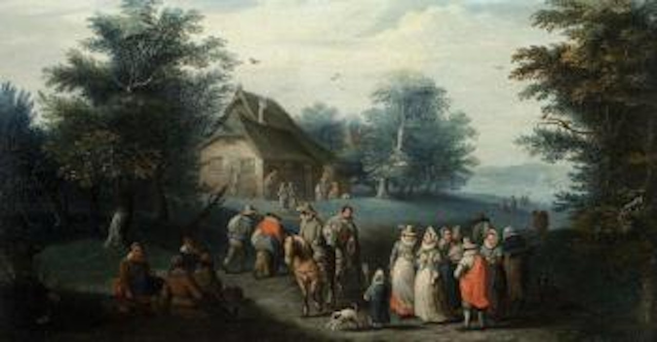 Elegant company conversing on a wooded country road with travellers by Karel Beschey