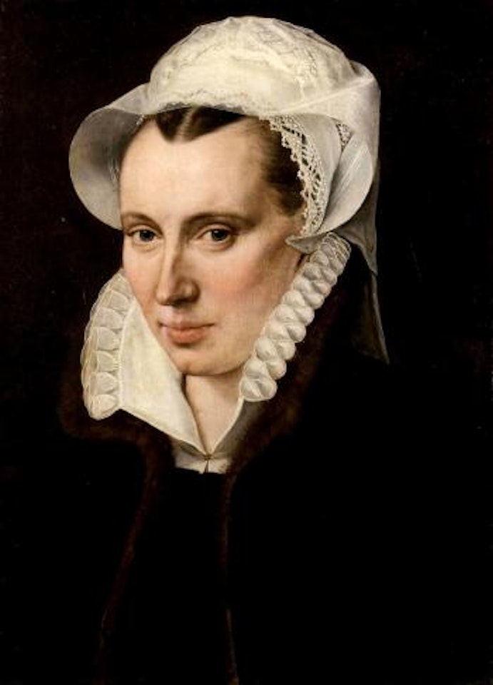 Portrait of a lady aged 31, in a black dress by Adriaen Thomas Key