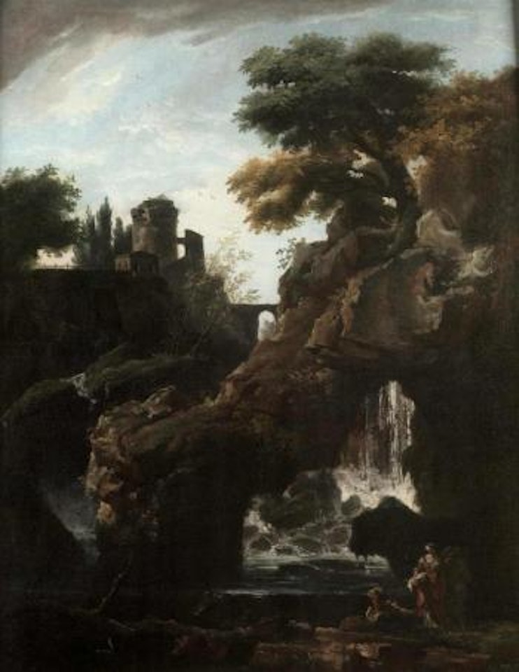 Rocky river landscape with washerwomen and a fisherman near a waterfall by Carlo Bonavia