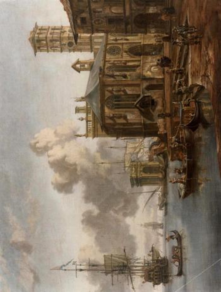 Capriccio of a Mediteranean harbour with a man-o-war by Abraham Storck