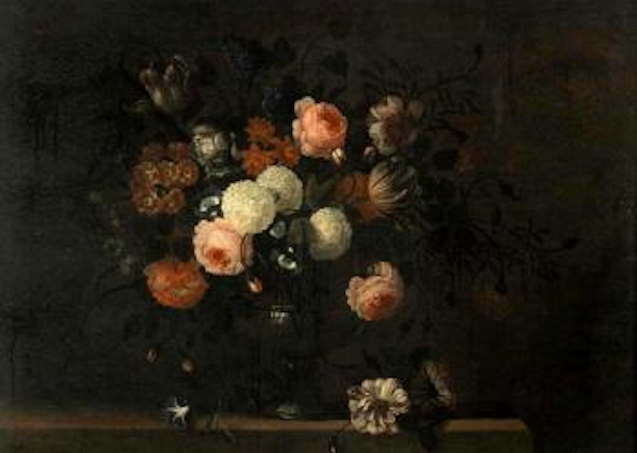 Roses, tulips and other flowers in a glass vase on a stone ledge by Pieter Hardime