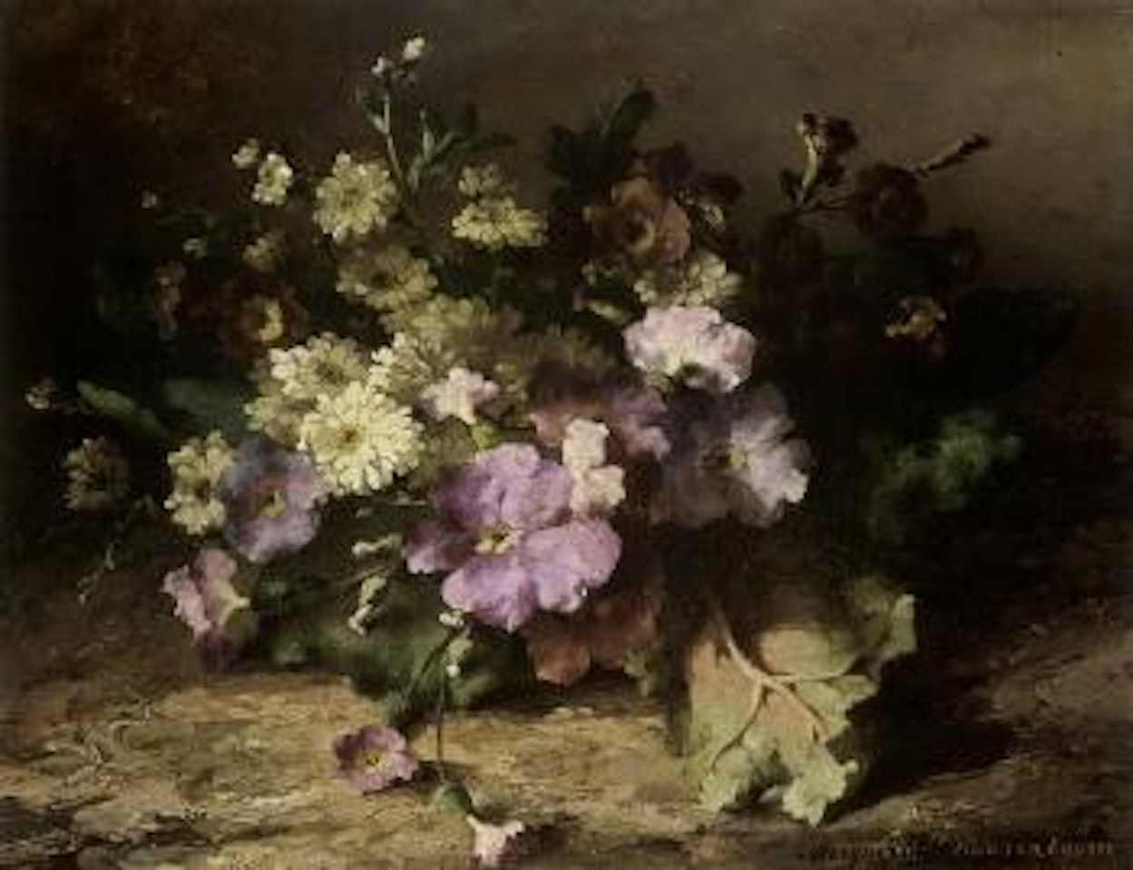 Still life with flowers on a forest floor by Margaretha Roosenboom