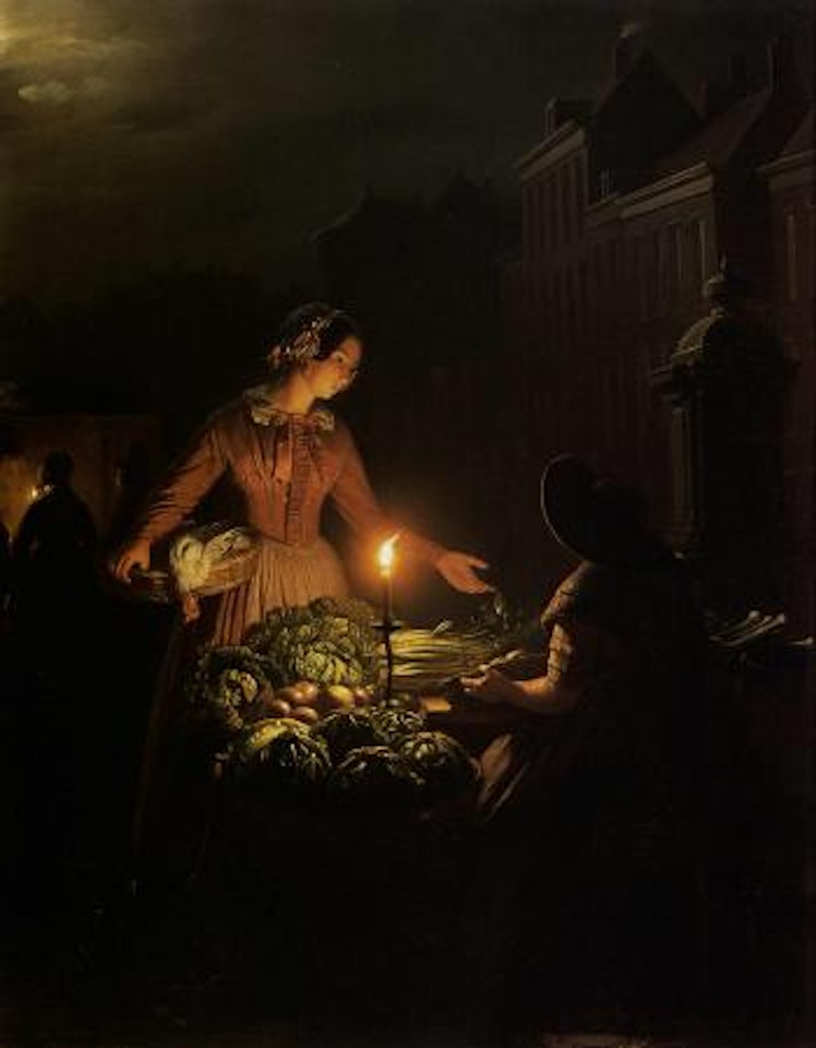 Vegetable seller by candle light by Petrus van Schendel