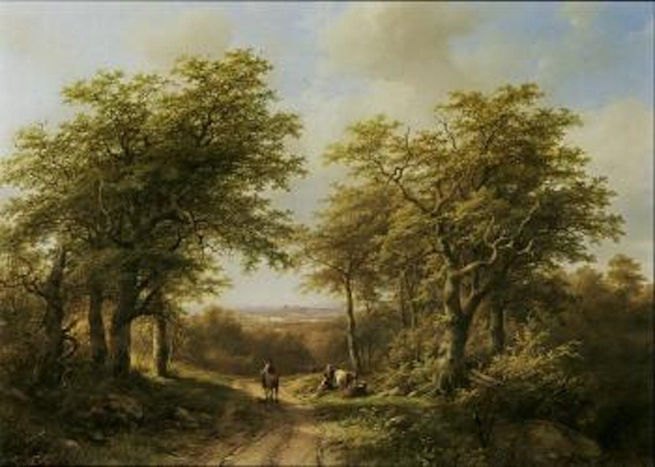 Travellers on a country road in a wooded river landscape by Barend Cornelis Koekkoek
