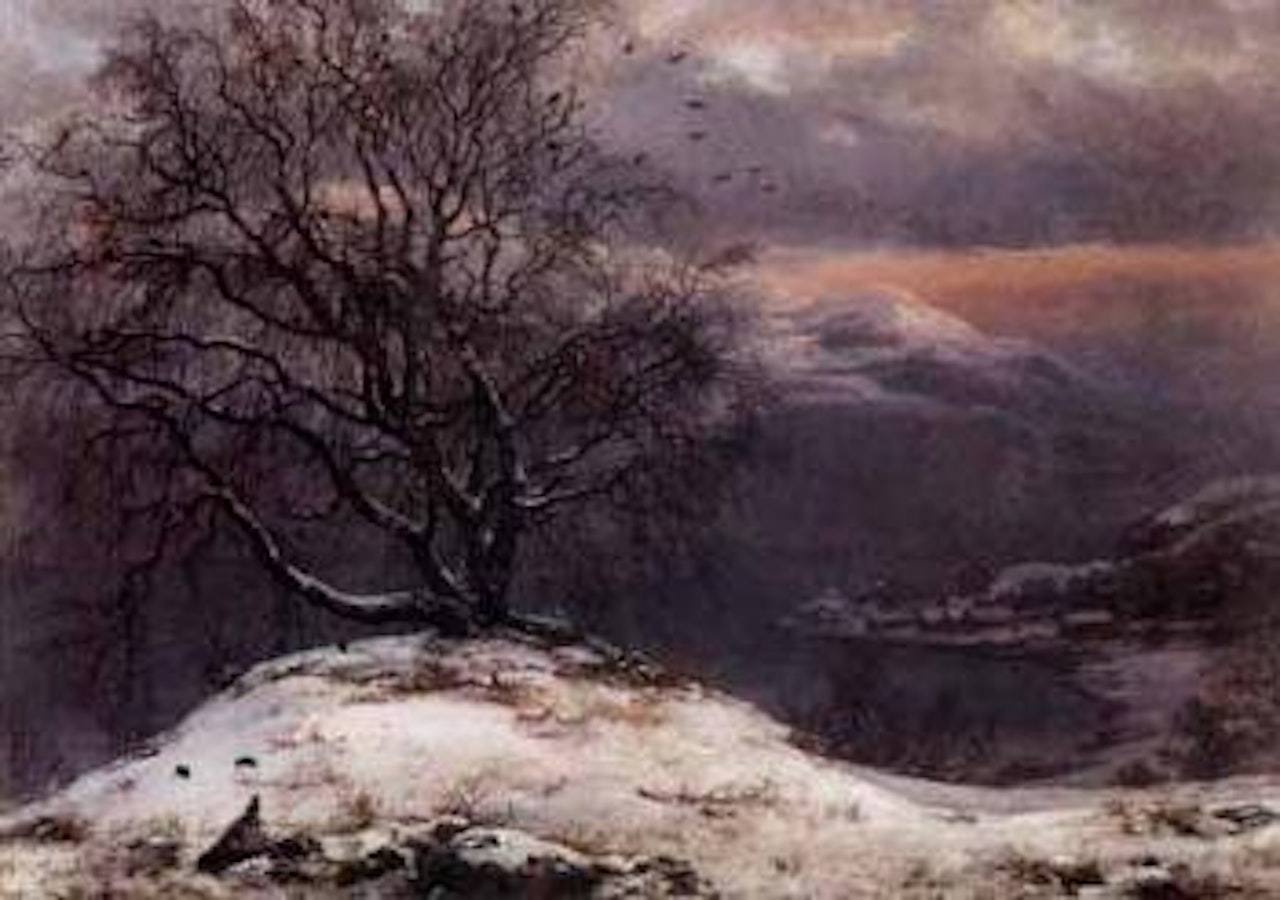 Slindebirken, winter - large tree on mound by Johan Christian Clausen Dahl