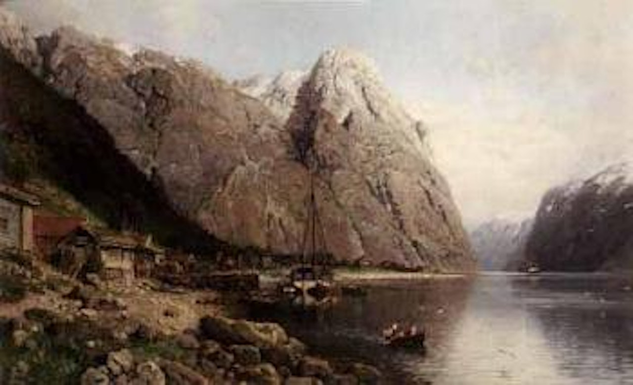 Figures and boats on fjord in summer by Anders Monsen Askevold