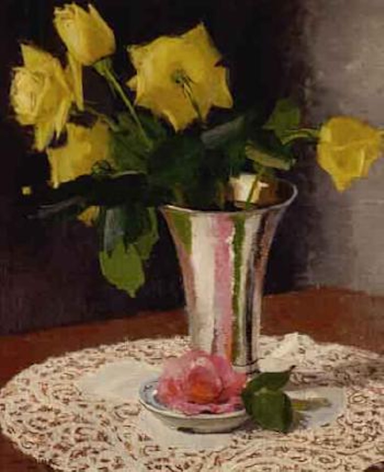 Still life of roses in silver vase by Olle Hjortzberg