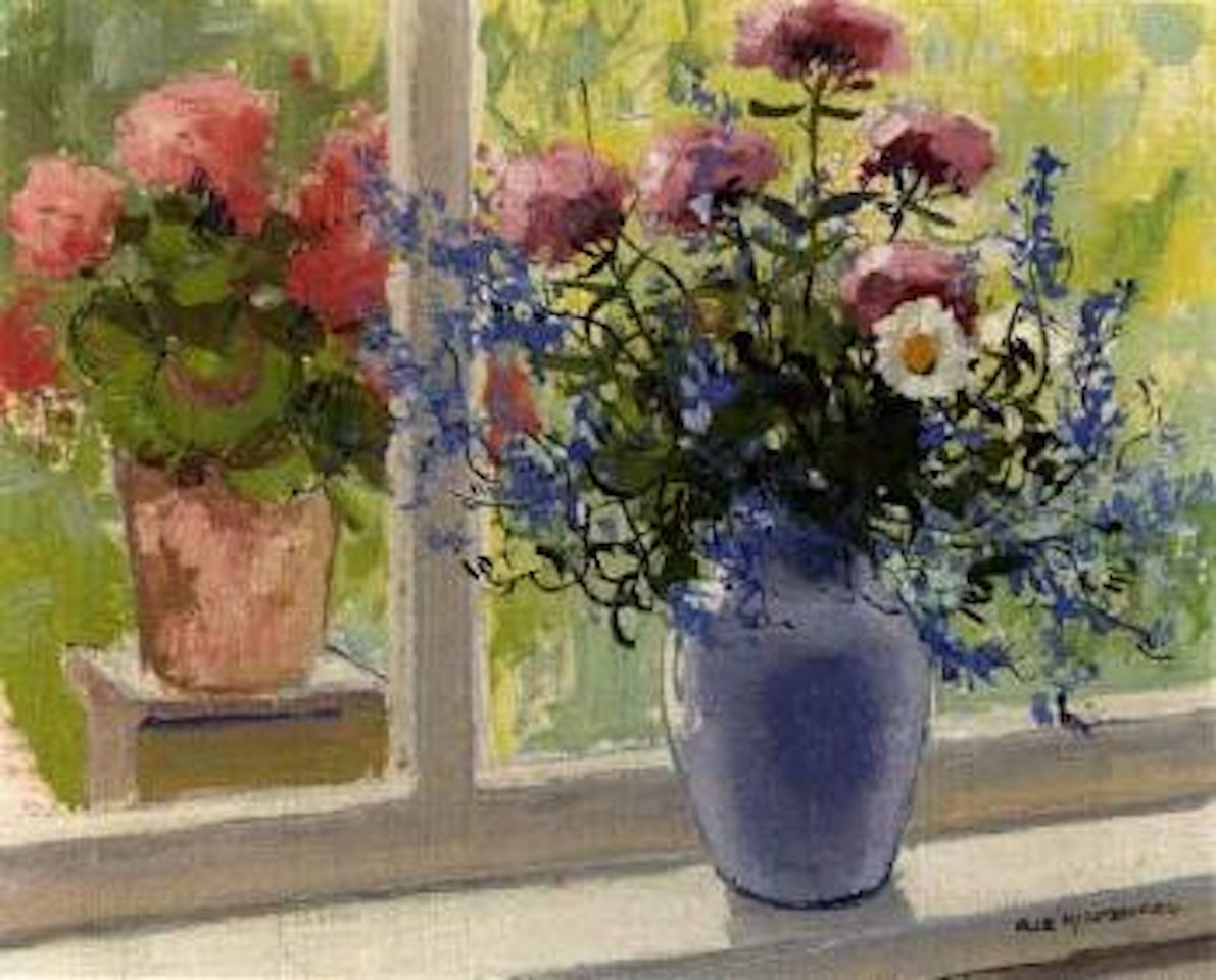 Summer flowers in pot on window ledge by Olle Hjortzberg