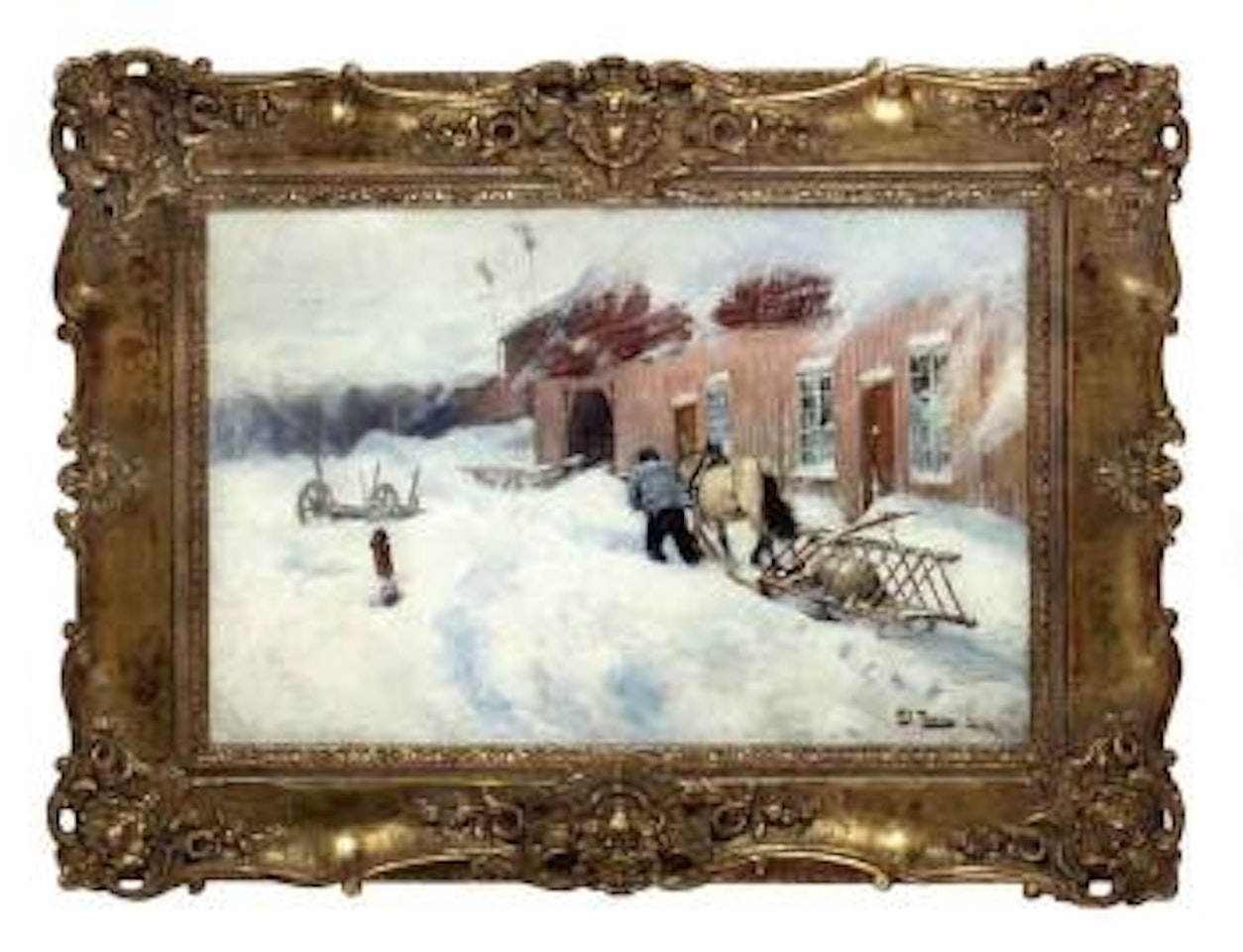 Winter's day with man, horse and sledge by Fritz Thaulow