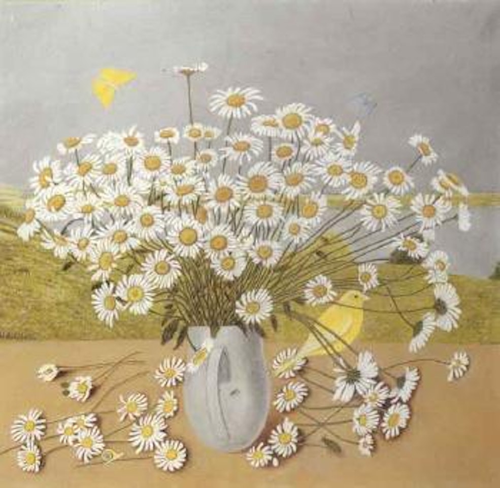 Daisies in jug with yellow canary by Adolf Dietrich