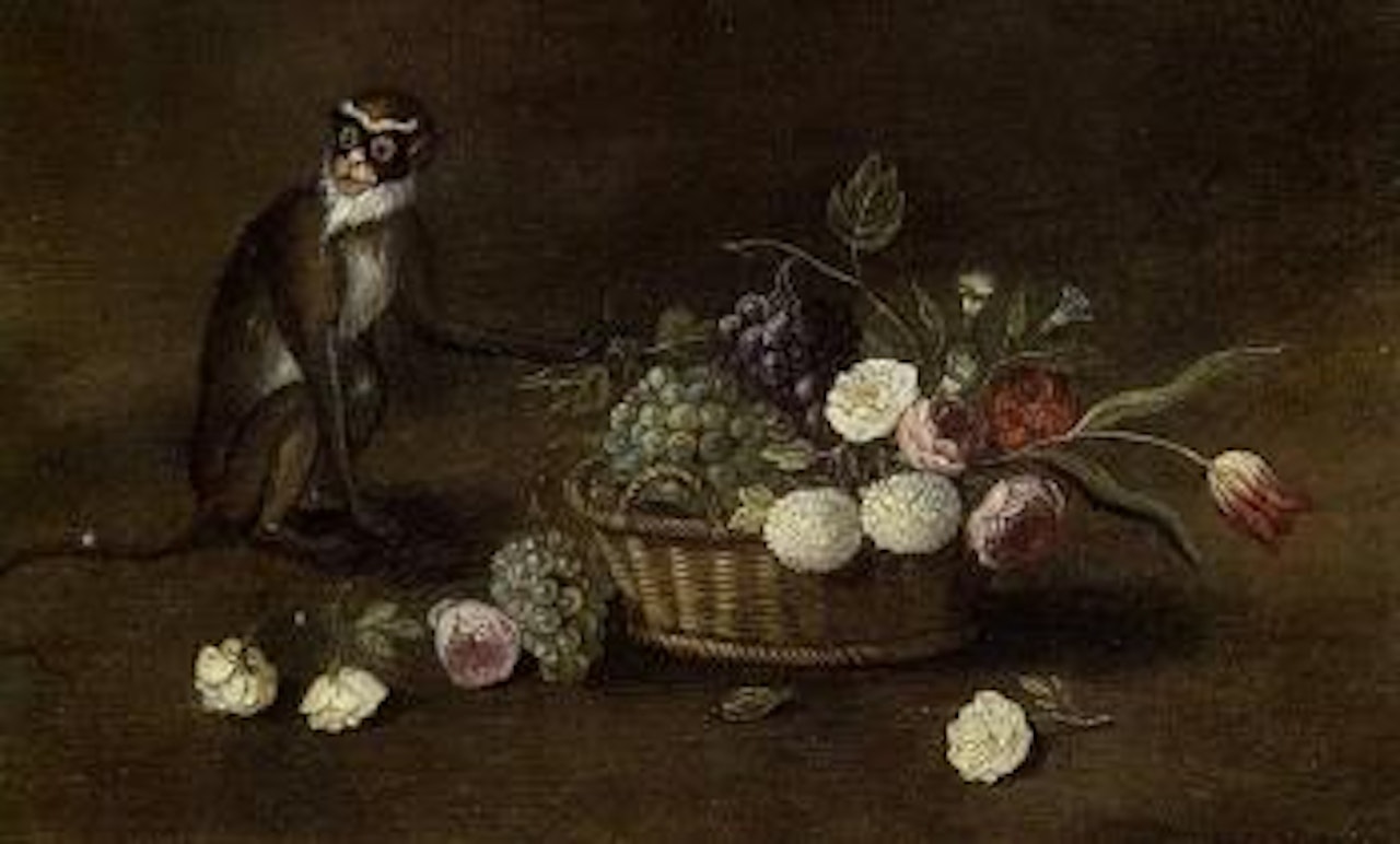 Still life with monkey and basket of grapes and flowers by Jan Van Kessel The Elder