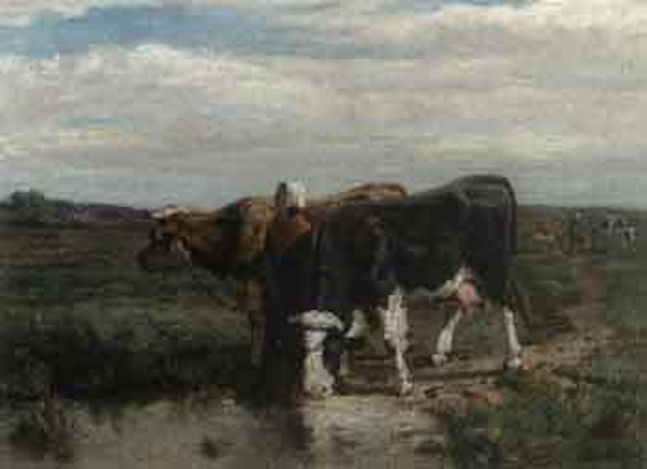 Peasant woman with cows by Frans de Beul