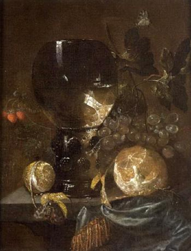 Still life of wine glass, grapes and half peeled oranges by Willem van Aelst