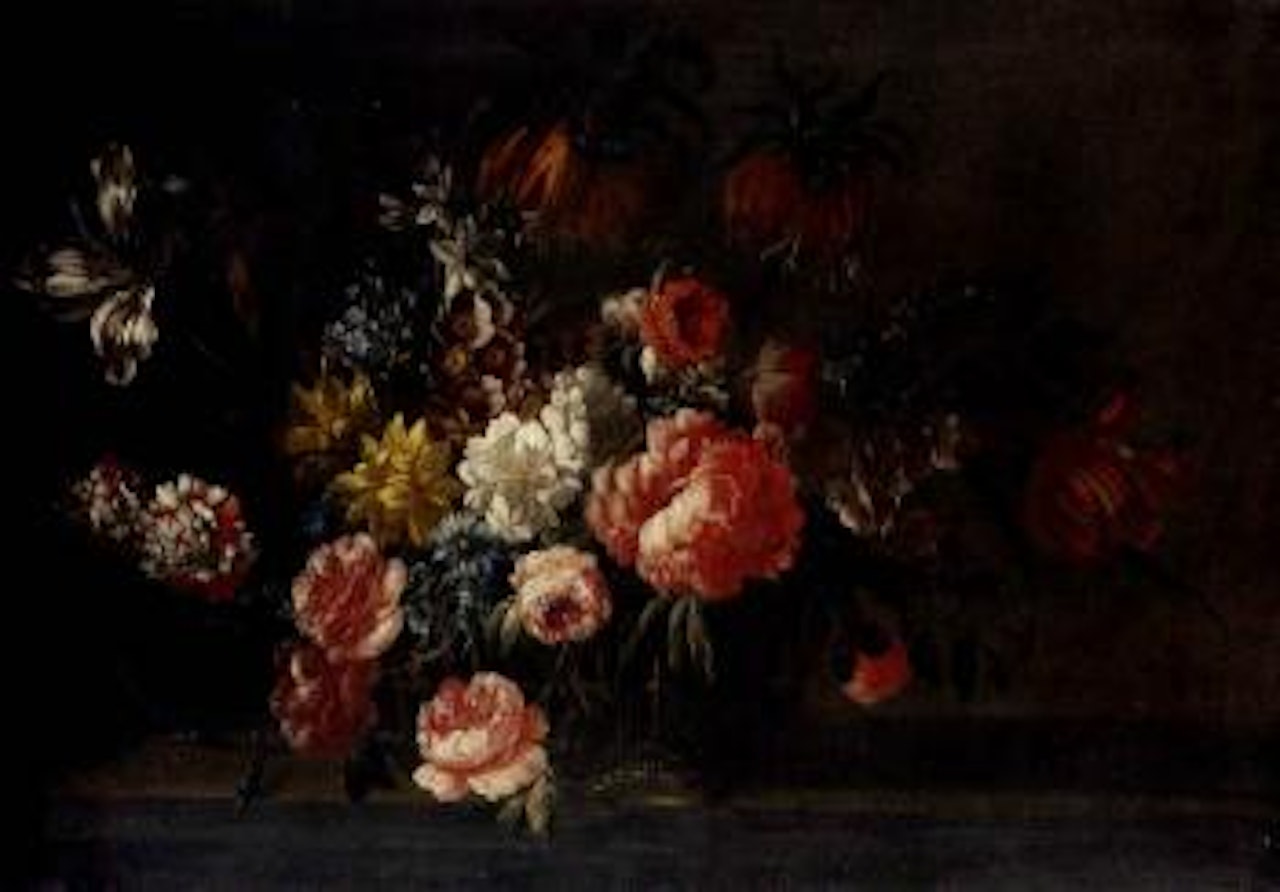 Roses, carnations and other flowers in a basket on a stone ledge by Jean Baptiste Monnoyer
