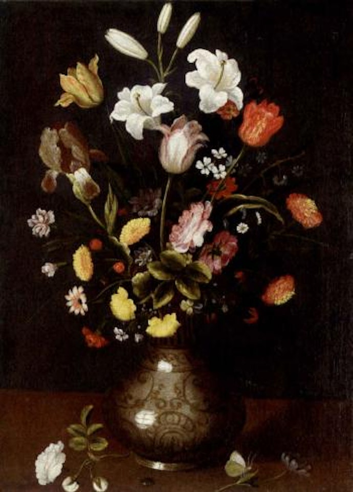 Lilies, tulips and other flowers in a porcelain vase on a ledge by Spanish School