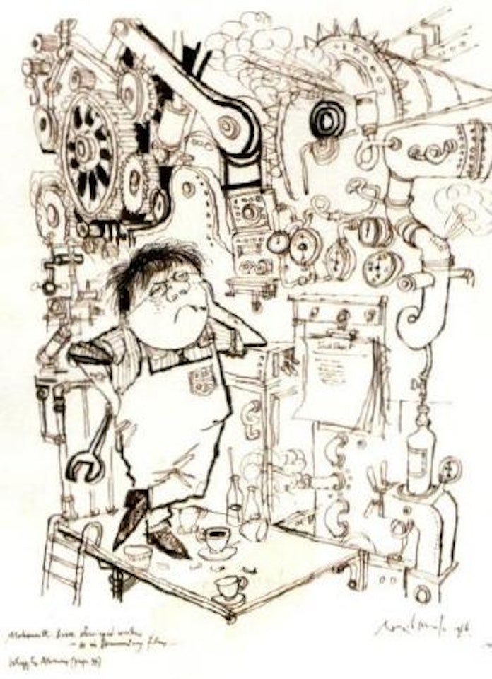 Moleworth, brave, clear eyed worker, as in documentary films by Ronald Searle