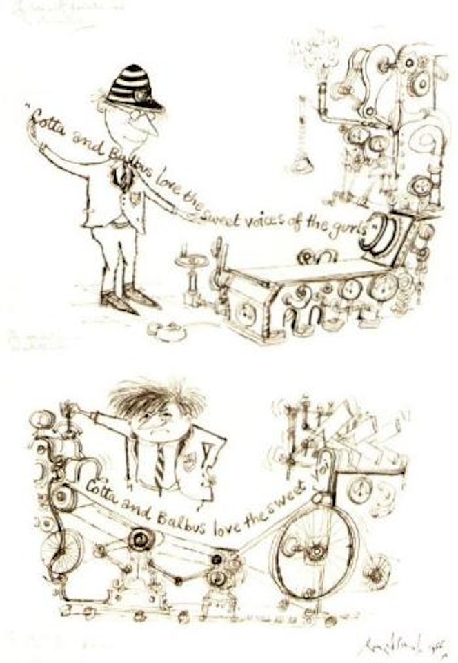 Molesworth production line for Latin sentences by Ronald Searle
