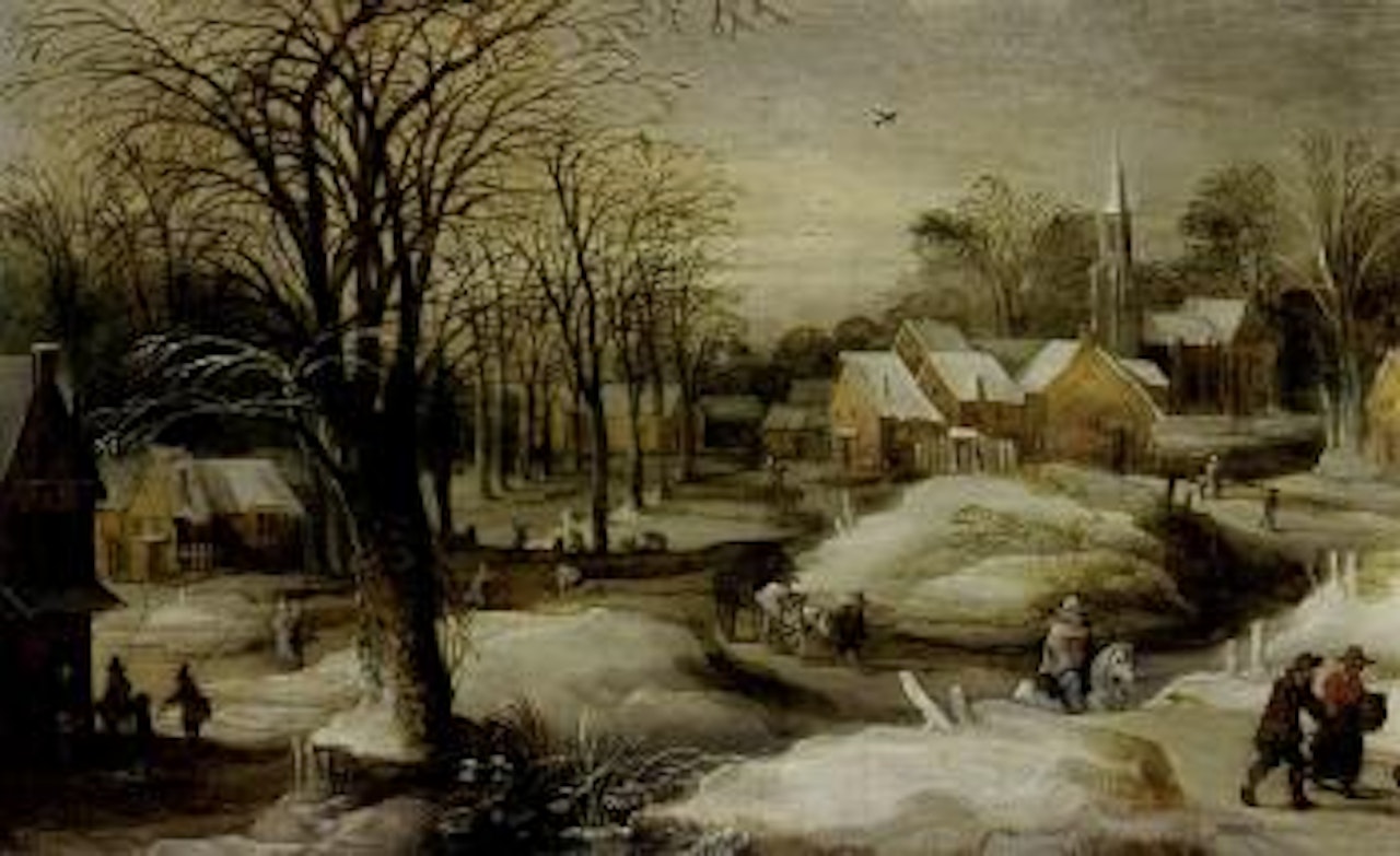 Winter landscape with horseman, peasants, and horse-drawn cart by Joos de Momper the Younger