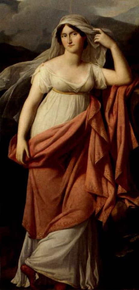 Portrait of a lady standing, wearing a white dress and pink wrap, in a landscape by François Gérard