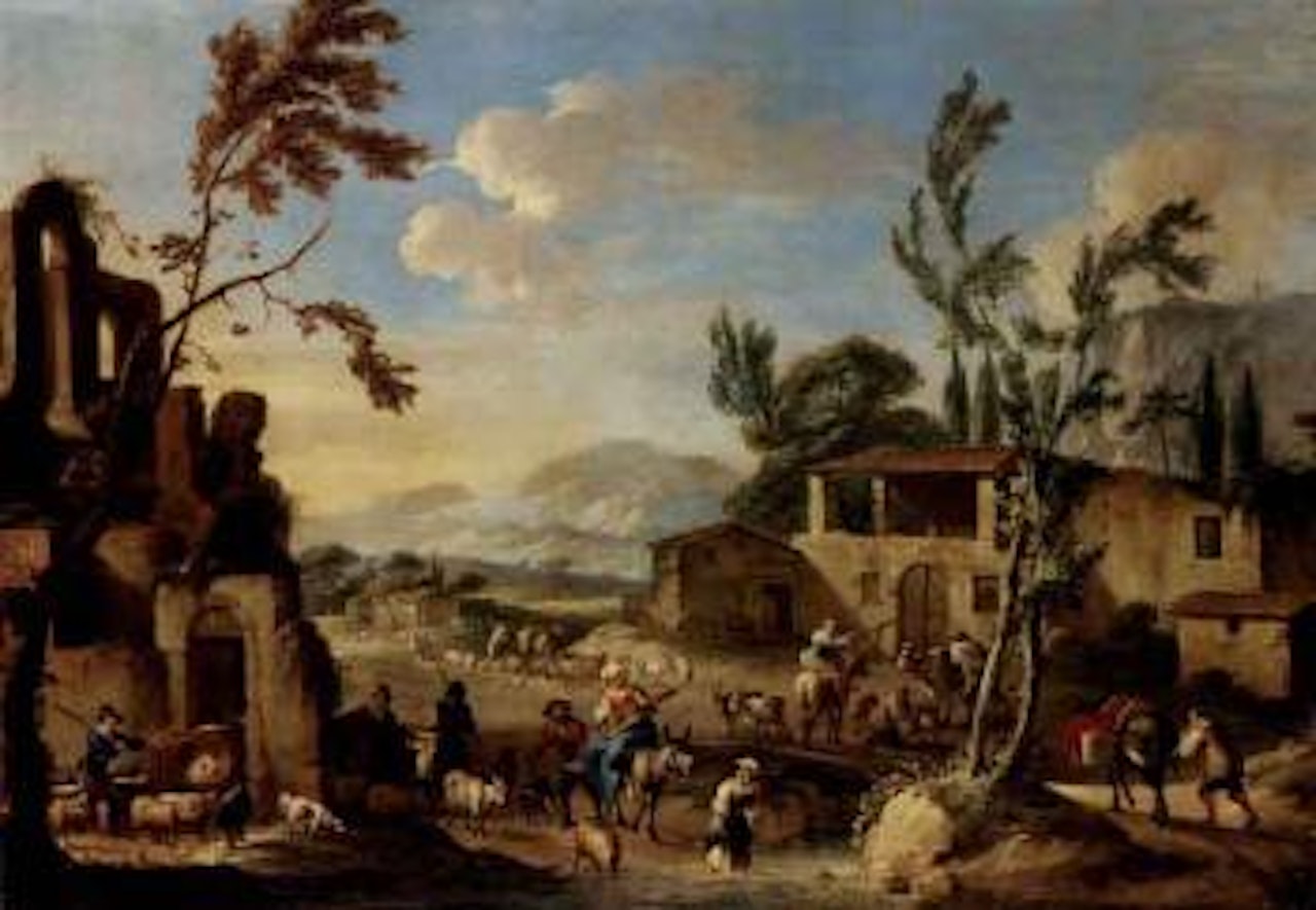 Village with peasants herding cattle, mountains landscape beyond by Theodor Helmbreker