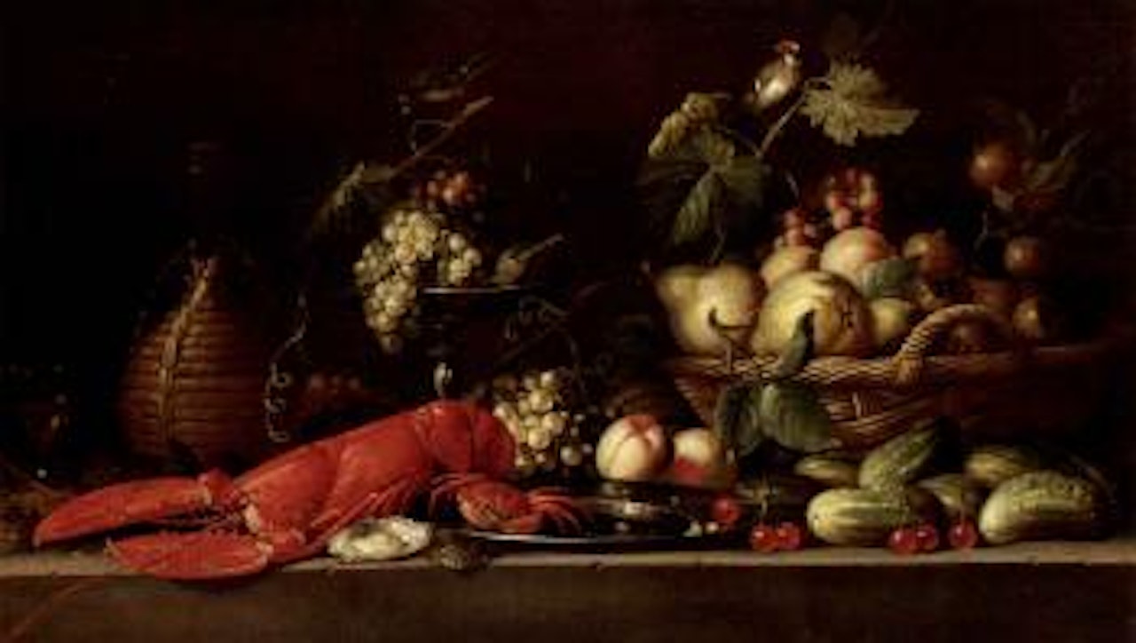 Lobster, crab on a pewter plate, grapes, figs, bottle of wine on a stone ledge by Pseudo Simons