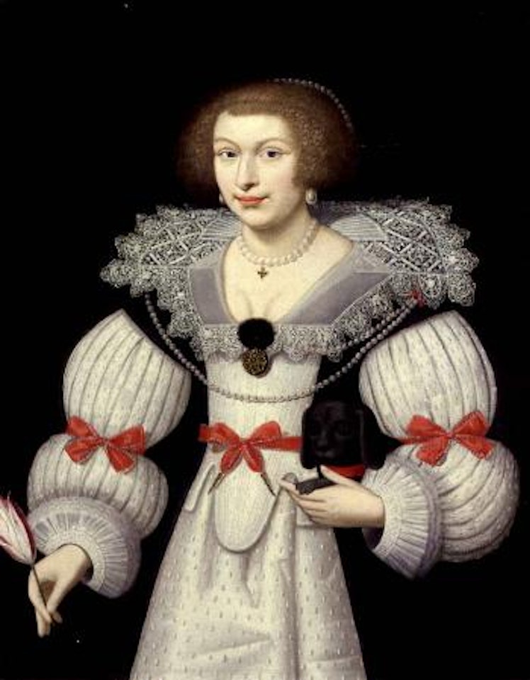 Portrait of a lady in black and white lace costume holding a black dog by Paulus Moreelse