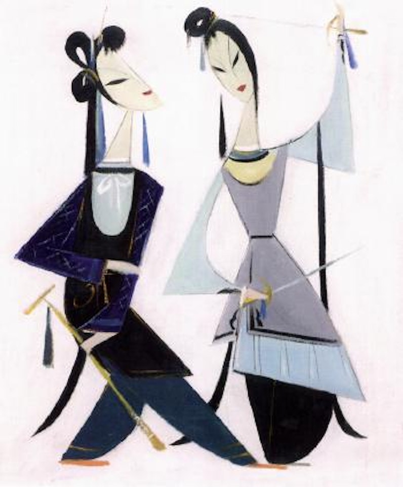 Teo Beijing opera figures performing the sword dance by Lin Fengmian