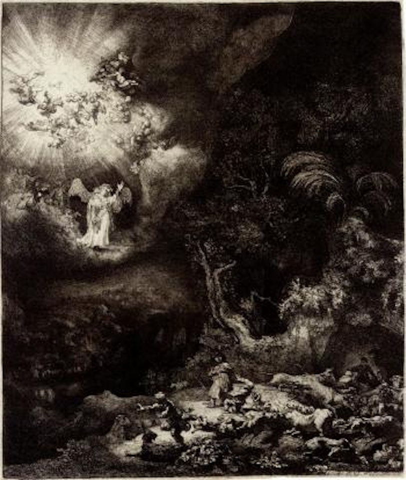 Angel appearing to the shepherds by Attributed to Rembrandt Harmensz van Rijn
