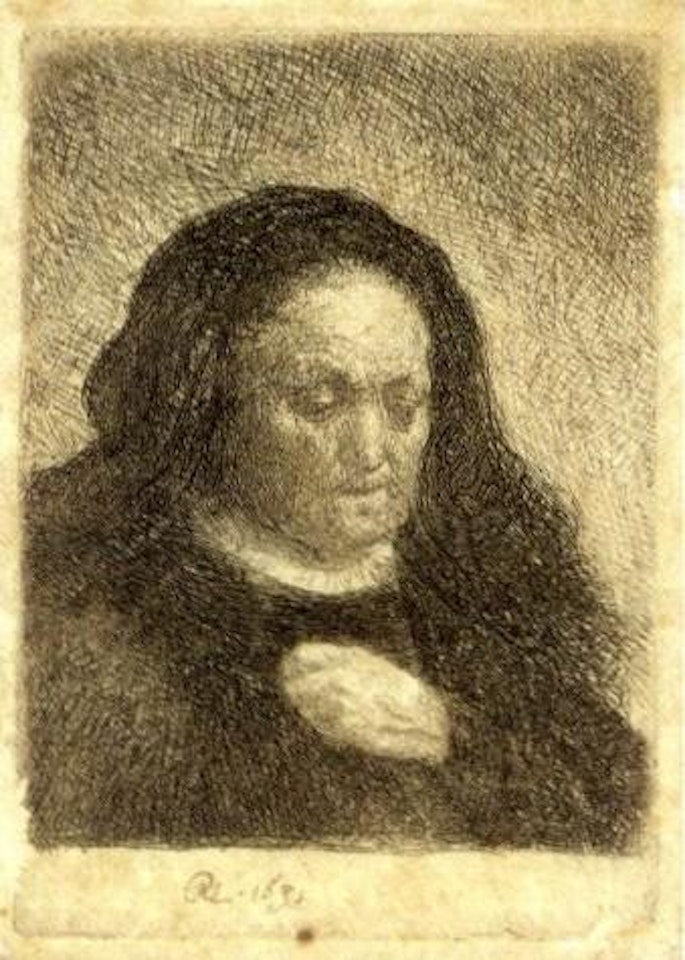 Artist mother with her hands on her chest by Attributed to Rembrandt Harmensz van Rijn