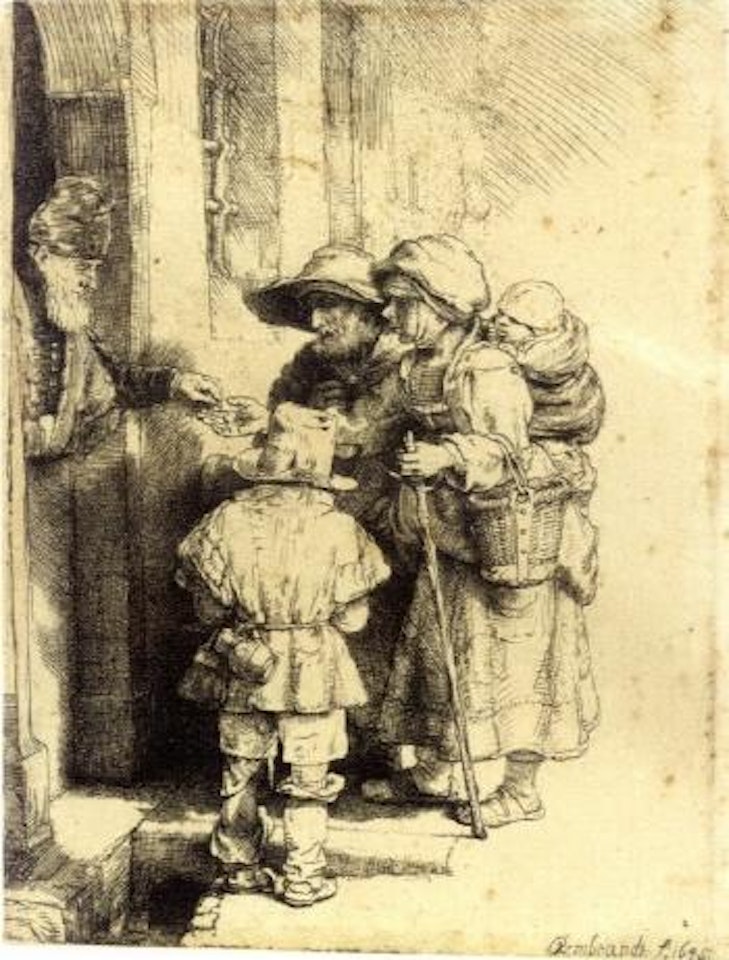 Beggars receiving alms at the door of a house by Attributed to Rembrandt Harmensz van Rijn