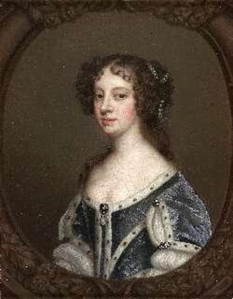 Half length portrait of a lady in a blue dress trimmed with ermine by Sir Peter Lely