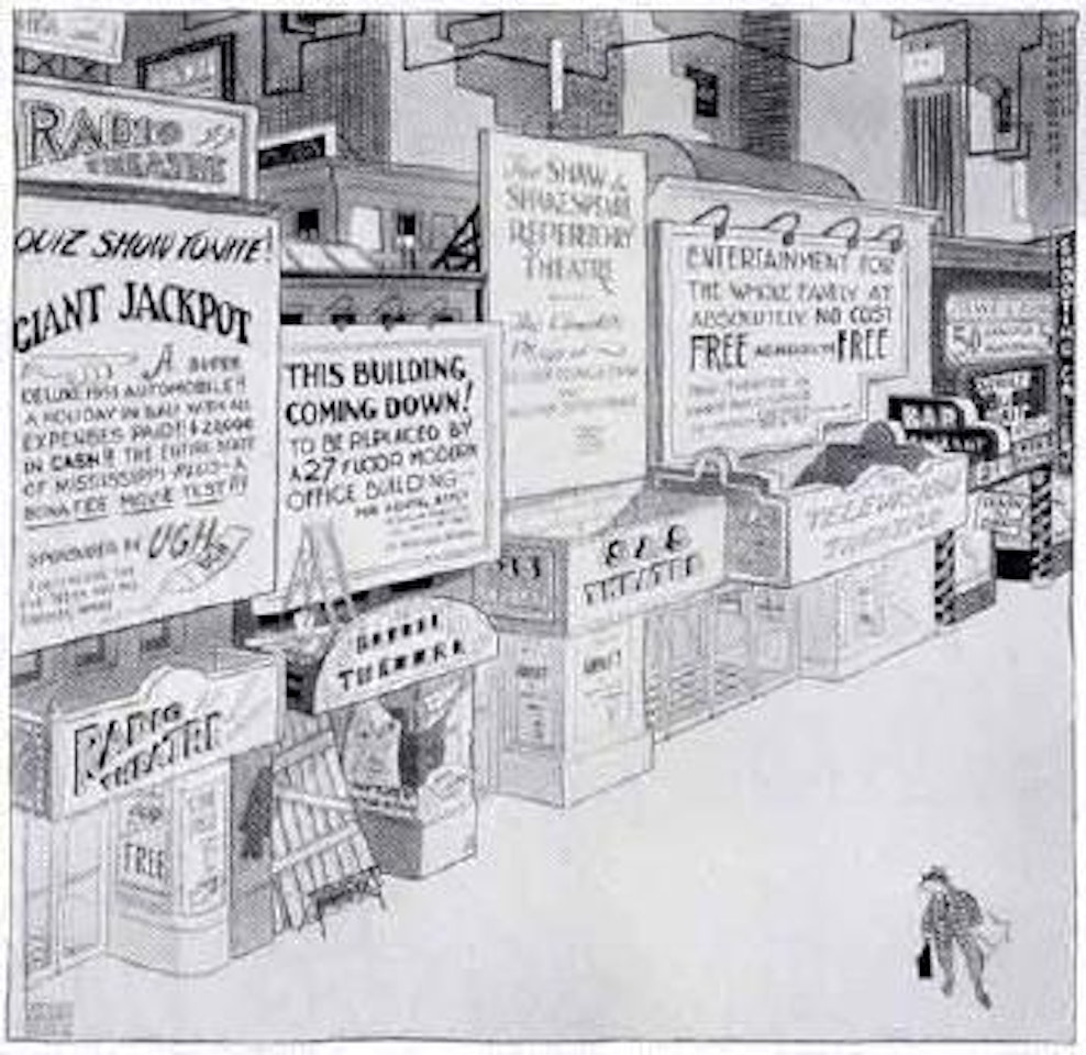 Writer pauses outside of Broadway theatres by Al Hirschfeld