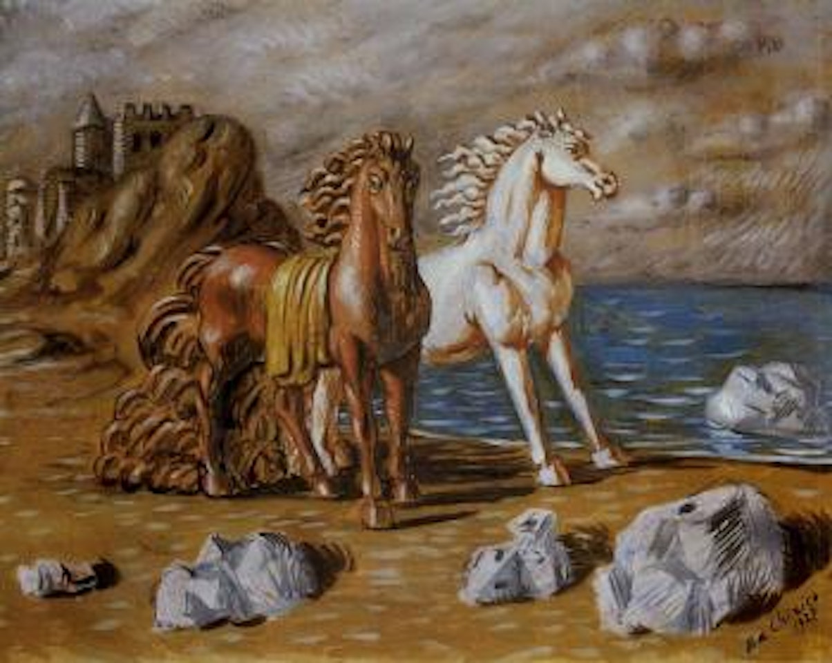 Horses on seashore, castle in background by Giorgio de Chirico