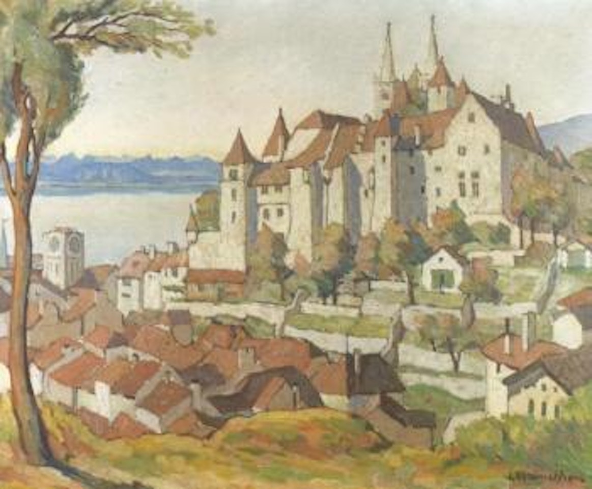 Castle and cathedral in Neuchatel in the sunshine by Louis Vonlanthen