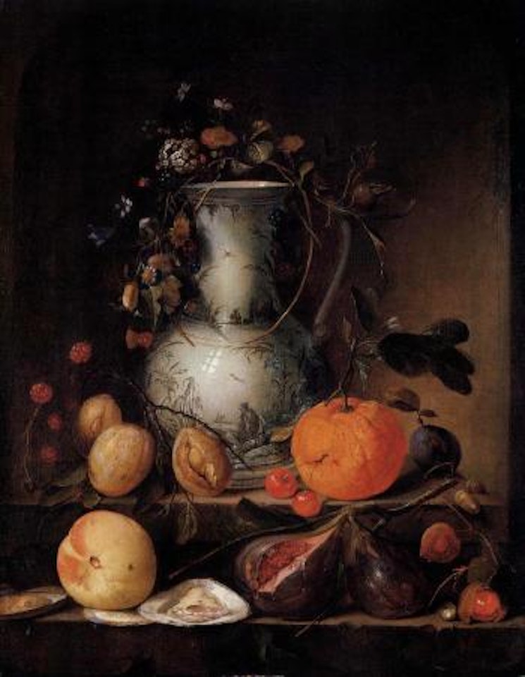 Still life of porcelain vase, flowers, acorns and fruit by Jan Davidsz de Heem