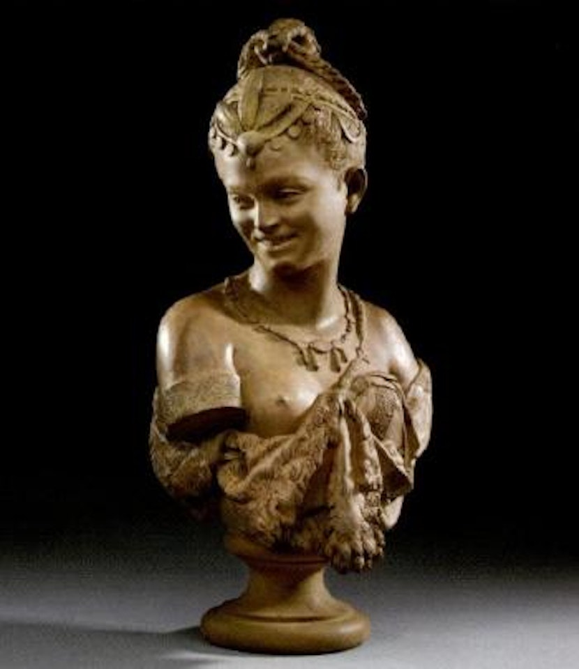 Bust of America with feathers and shell in her plaited hair by Albert-Ernest Carrier-Belleuse